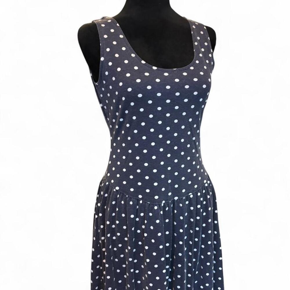 Vintage 90s Navy Polka Dot Drop Waist Midi Dress Fits M/L